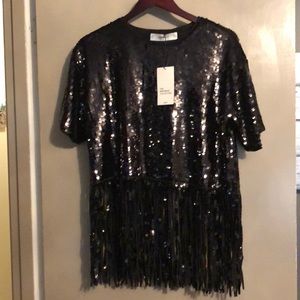 NWT Zara black sequin fringe top S